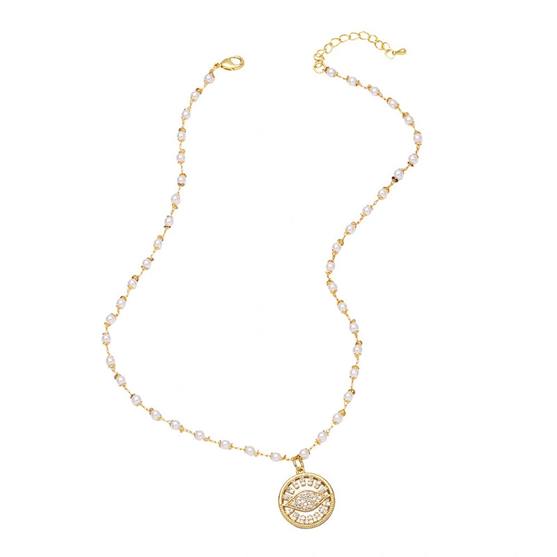 Zirconia Evil Eye Pendant Copper Necklace With Pearl Chain