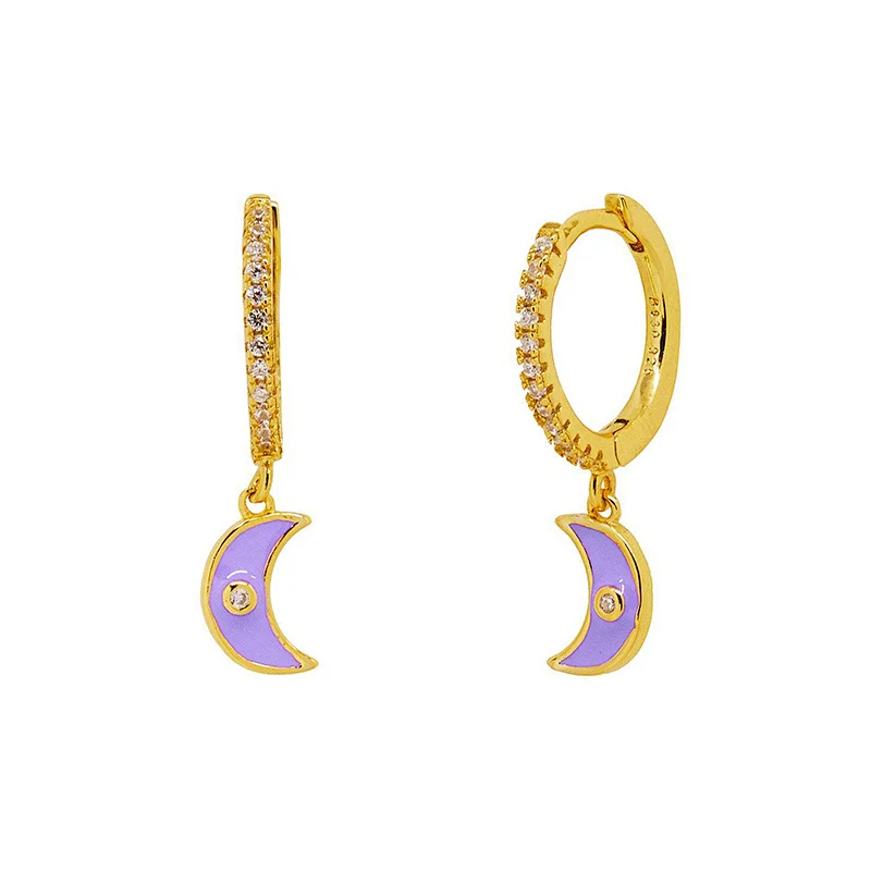 Brass Drop Enamel Moon Shape Zirconia Earring Jewelry