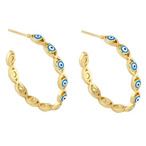 Enamel Copper Hoop Earrings Simple Evil Eye Gold Color