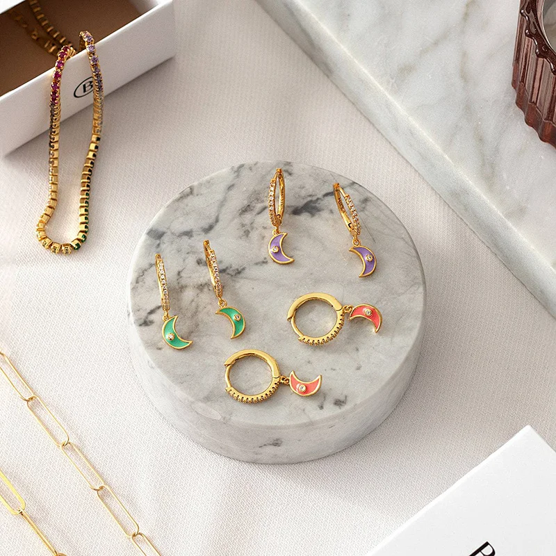 Brass Drop Enamel Moon Shape Zirconia Earring Jewelry
