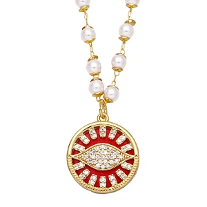 Zirconia Evil Eye Pendant Copper Necklace With Pearl Chain