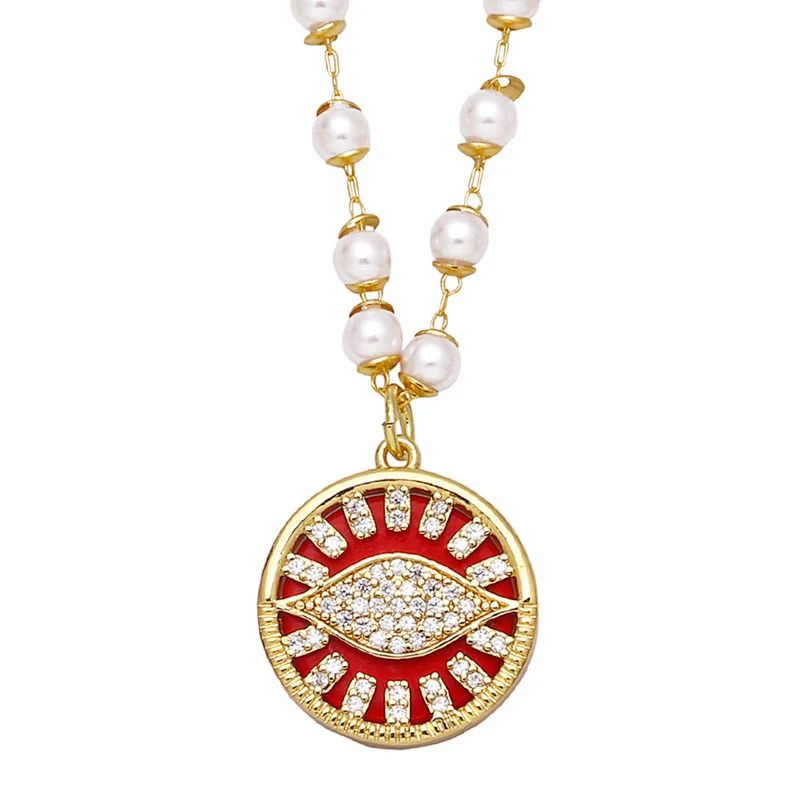 Zirconia Evil Eye Pendant Copper Necklace With Pearl Chain