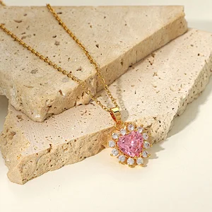 Pink Heart Shaped Cubic Zirconia Pendant Necklace Women
