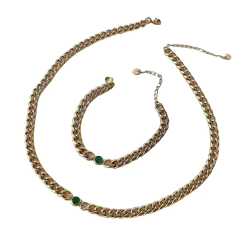 Gold Chain Zircon Titanium Steel Necklace Simple Bracelet Women Set