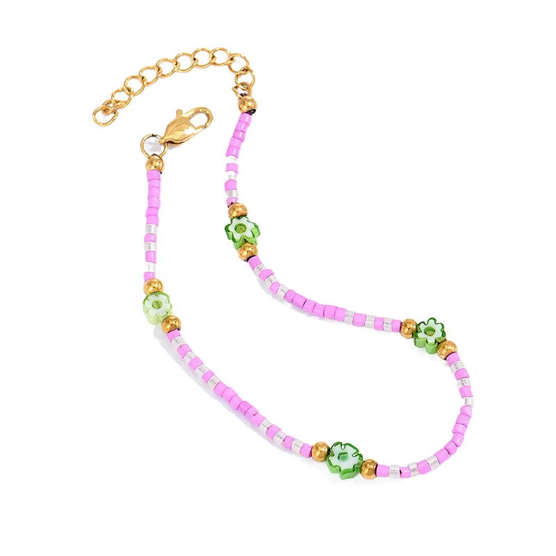 Pink Beaded Bracelet Stainless Steel Chain Bracelet