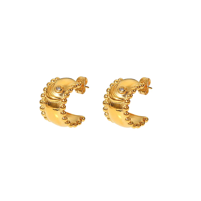 Gold Basic Stud Earring Embossed Design Zircon Earrings