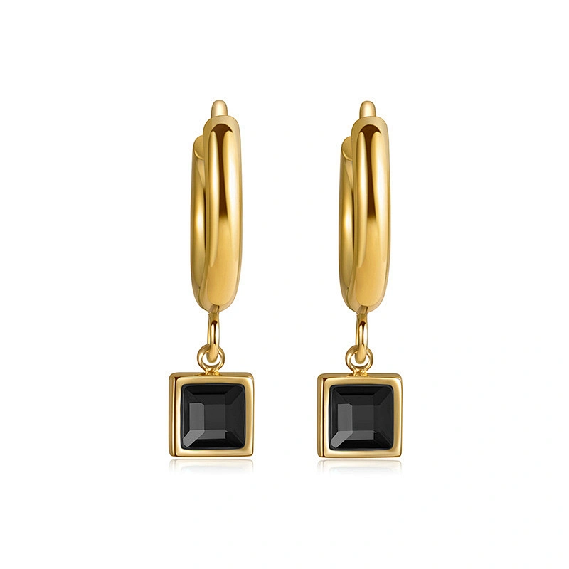 Black Zircon Hoop Square Pendant Stainless Steel Earrings