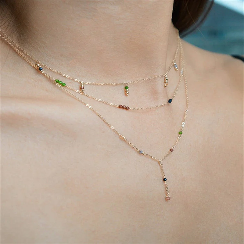 Multilayer Crystal Long Tassel Pendant Chain Women Necklaces
