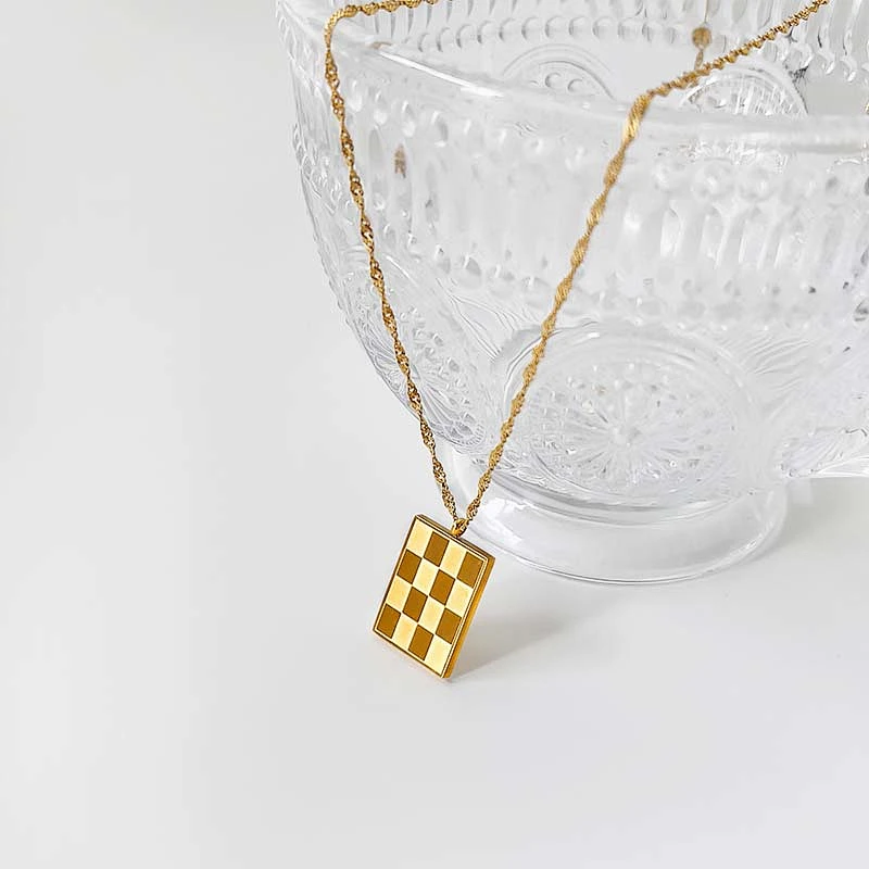 Stainless Steel Checkerboard Small Square Necklace