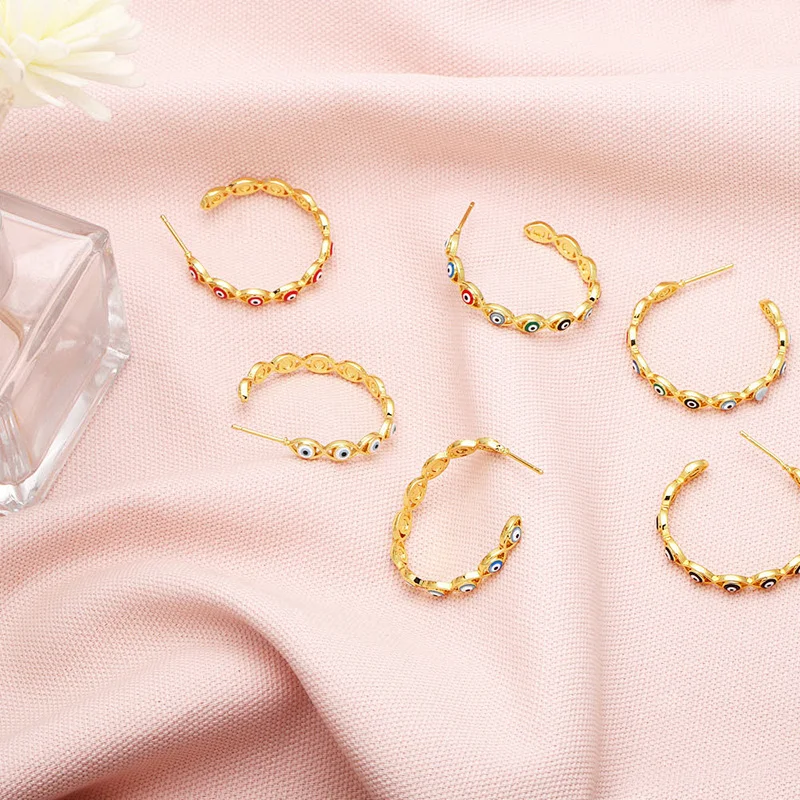 Enamel Copper Hoop Earrings Simple Evil Eye Gold Color