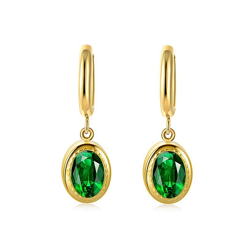 Stainless Steel Oval Pendant Emerald Zircon Hoop Earrings