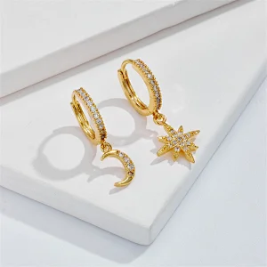 Asymmetric Star Moon Earrings Brass Zircon Hoop Earrings