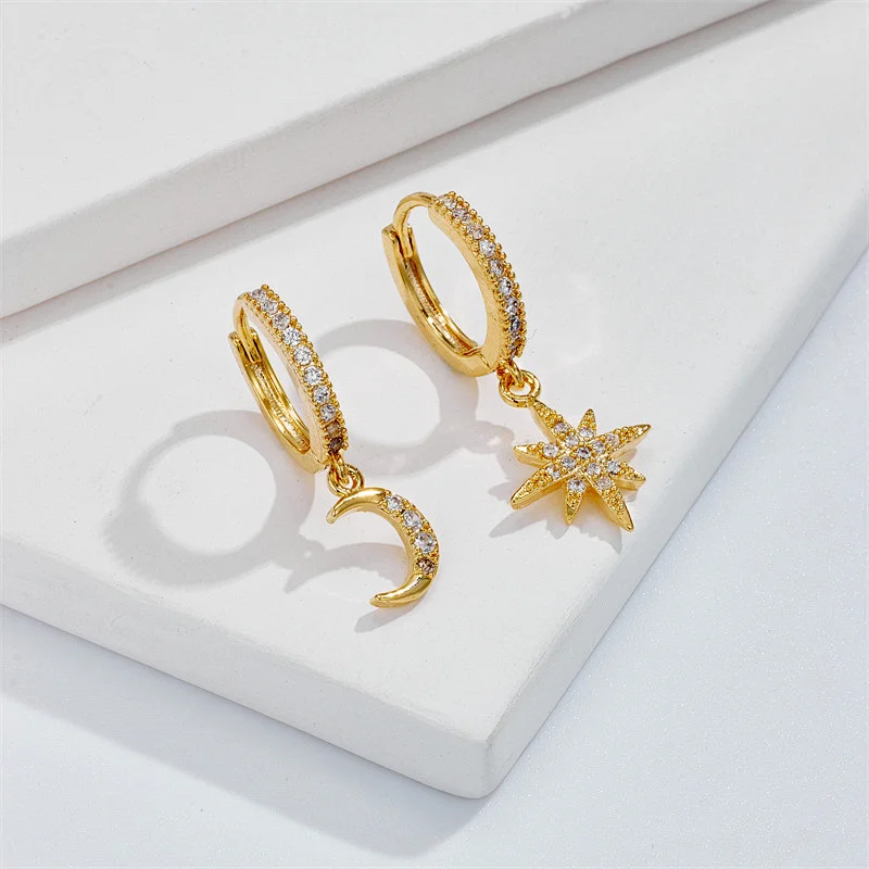 Asymmetric Star Moon Earrings Brass Zircon Hoop Earrings