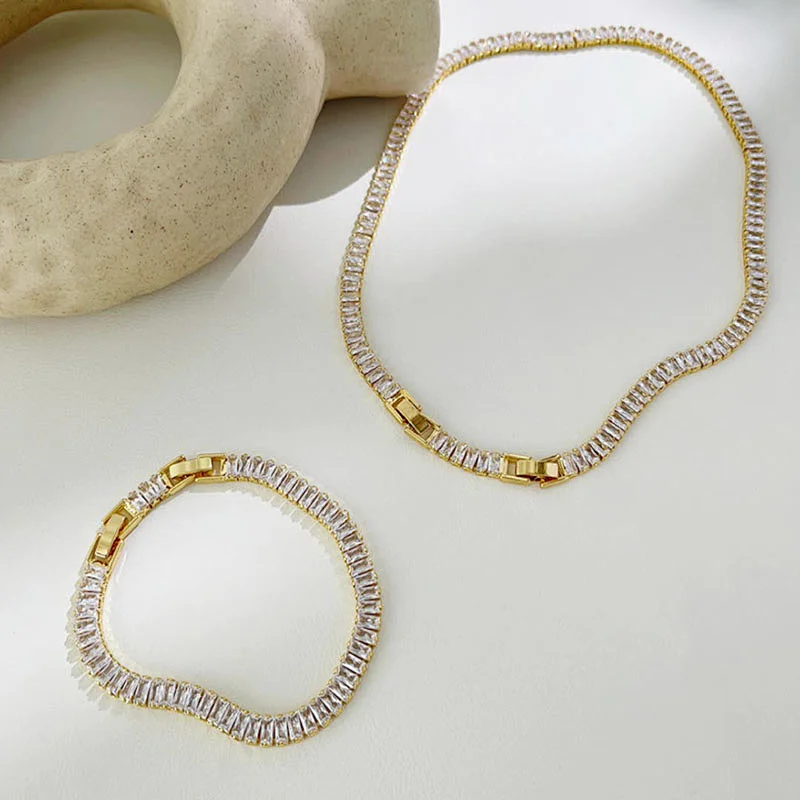 Zircon Chain Necklace Bracelet Simple OT Buckle Chocker Set