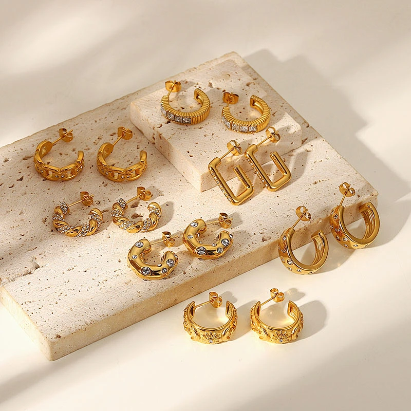Fashion Zircon C Shape Earrings Stainless Steel Earrings Set