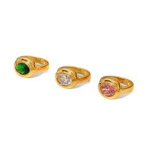 Vintage 18K Gold Plated Stainless Steel Oval Zircon Ring