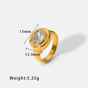 Vintage 18K Gold Plated Stainless Steel Oval Zircon Ring