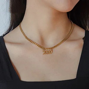 Gold Plated Thick Chain Necklace Titanium Stainless Steel Jewelry Number Pendants