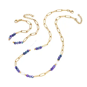 2pcs Purple Beaded Necklace Freshwater Pearl Steel Chain Bracelet Set