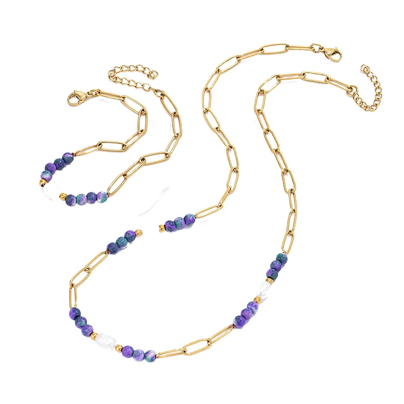 2pcs Purple Beaded Necklace Freshwater Pearl Steel Chain Bracelet Set