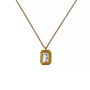 Stainless Steel Square Crystal Glass Pendant Necklace