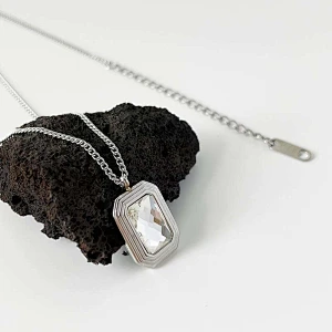 Stainless Steel Square Crystal Glass Pendant Necklace