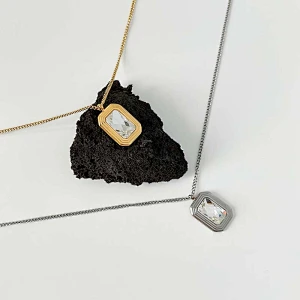 Stainless Steel Square Crystal Glass Pendant Necklace
