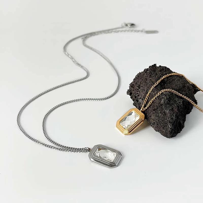 Stainless Steel Square Crystal Glass Pendant Necklace