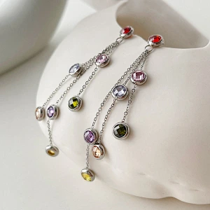 Stainless Steel Zircon Earrings Long Tassel Design Earrings
