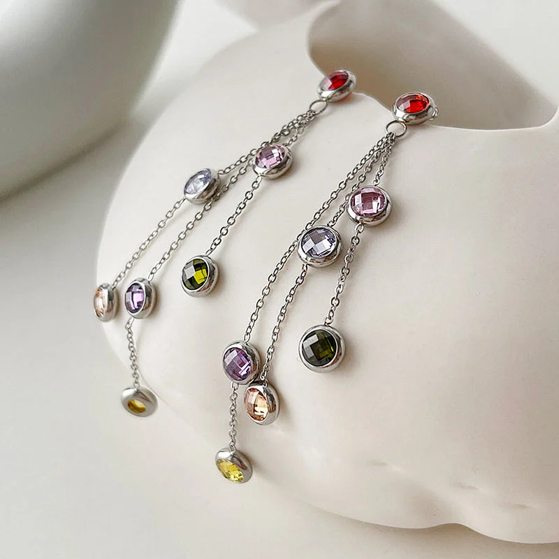Stainless Steel Zircon Earrings Long Tassel Design Earrings