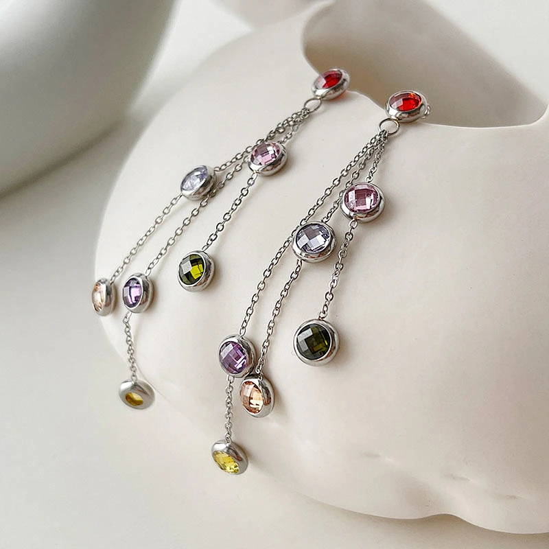 Stainless Steel Zircon Earrings Long Tassel Design Earrings