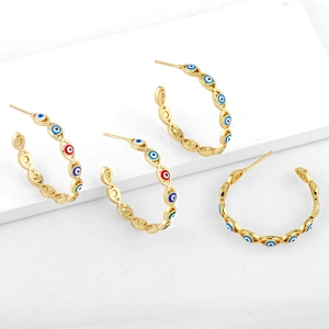 Enamel Copper Hoop Earrings Simple Evil Eye Gold Color