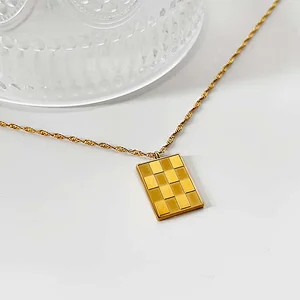 Stainless Steel Checkerboard Small Square Necklace