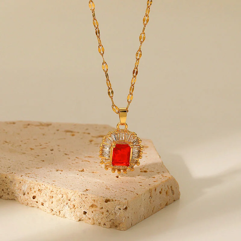 Fashion Steel Necklace Red Zircon Pendant Necklace