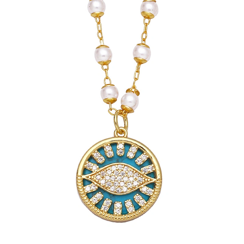 Zirconia Evil Eye Pendant Copper Necklace With Pearl Chain