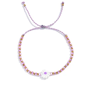 Handmade Braided Daisy Purple Beaded Stainless Steel Bracelet