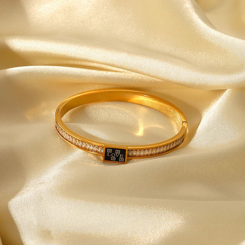 Fashion Stainless Steel LOVE Square Zircon Bracelet Women