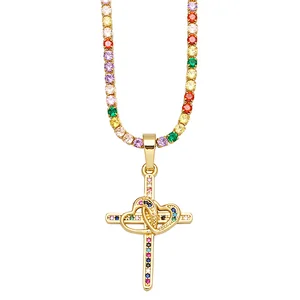 Multicolor Cubic Zirconia Cross Pendant Gold Plated Necklace