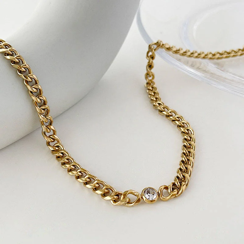 Gold Chain Zircon Titanium Steel Necklace Simple Bracelet Women Set