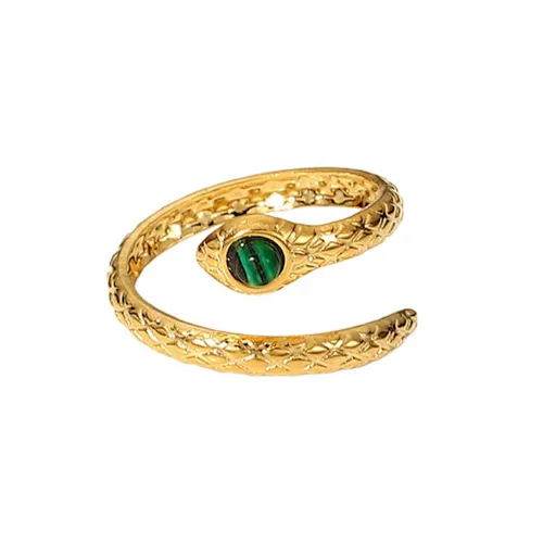 Stainless Steel Snake Ring With Green Stone