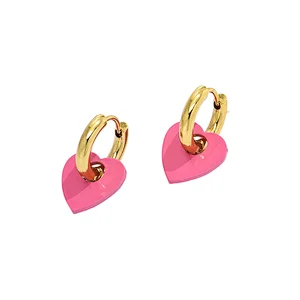 Trend Pink Heart Drop Earrings Stainless Steel Hoop Earrings