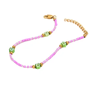 Pink Beaded Bracelet Stainless Steel Chain Bracelet