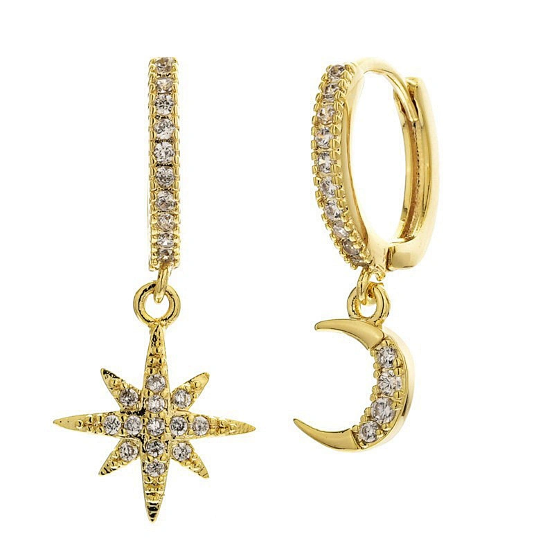 Asymmetric Star Moon Earrings Brass Zircon Hoop Earrings