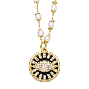 Zirconia Evil Eye Pendant Copper Necklace With Pearl Chain