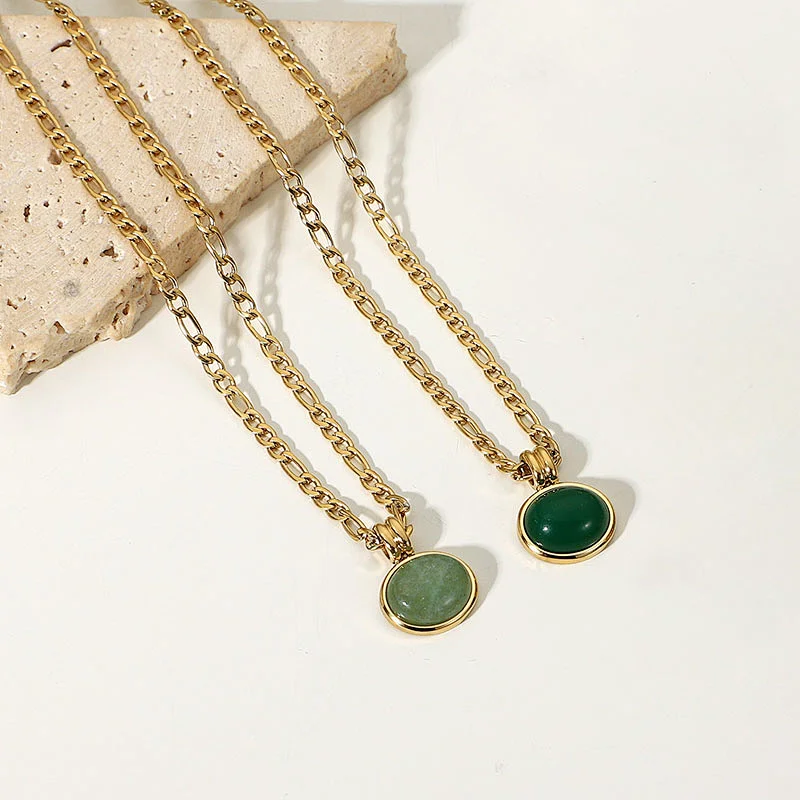 Vintage Jade Pendant Steel Necklace Clavicle Chain Ladies