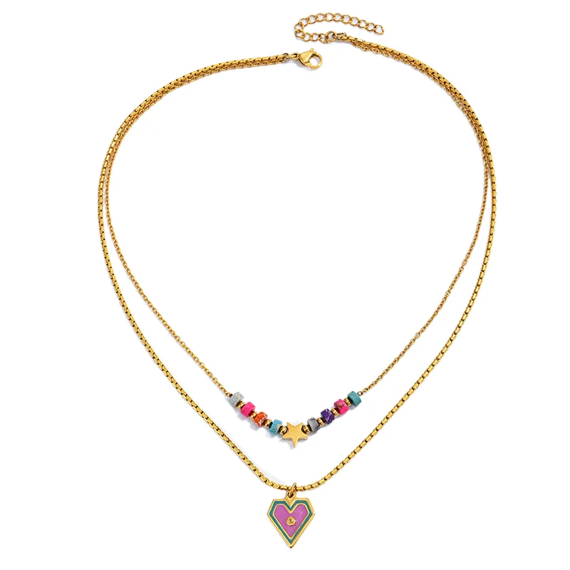Colorful Beads Double Layer Heart Pendant Necklace