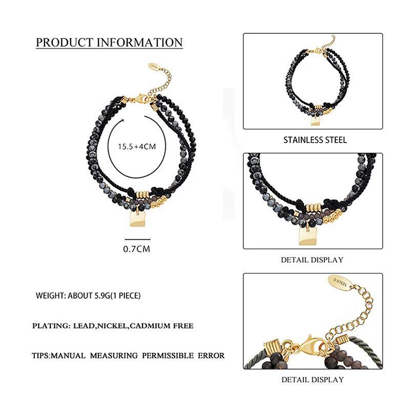 Polyester Twisted Rope Bracelet Square Steel Charms Jewelry