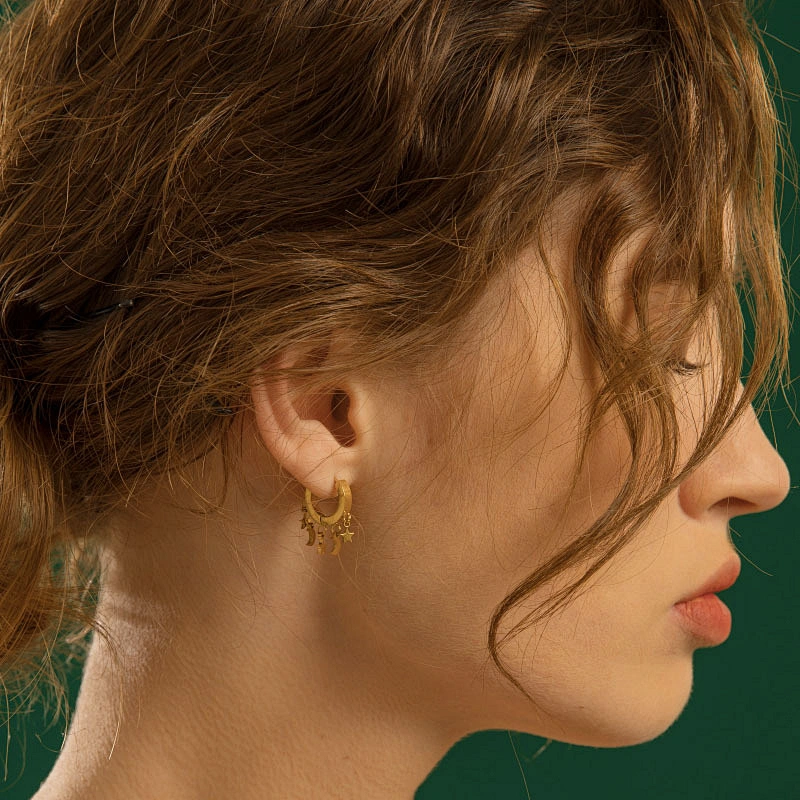 Gold Star Moon Pendant Earrings Steel Small Hoop Earrings