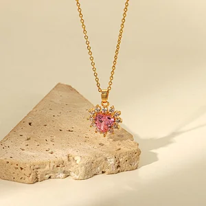 Pink Heart Shaped Cubic Zirconia Pendant Necklace Women