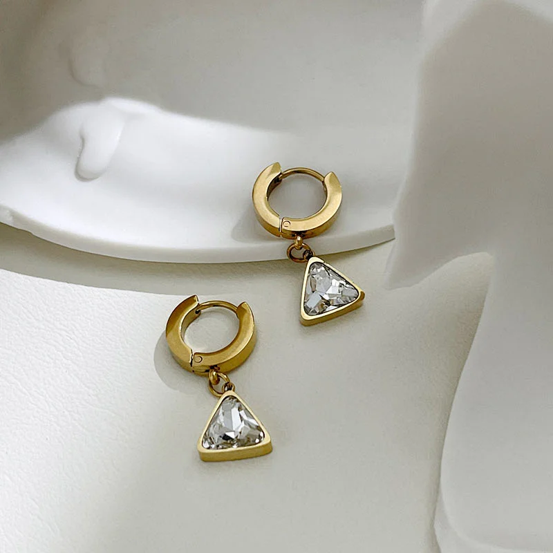 18K Gold Triangle Earrings Zircon Pendant Hoop Earrings Women
